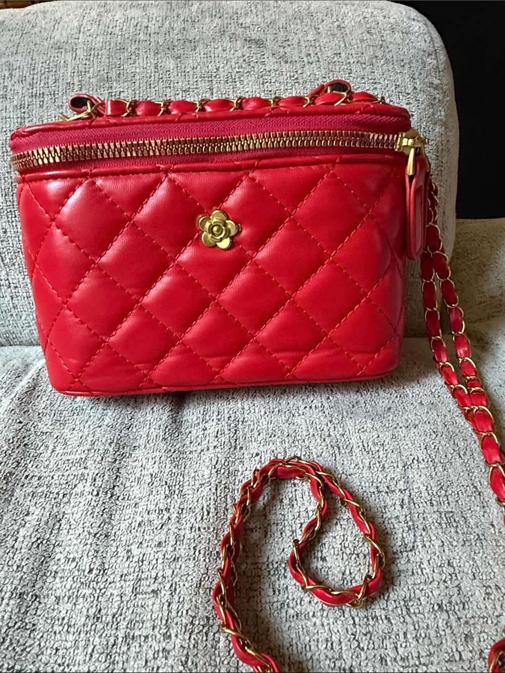 Red Quilted Crossbody Bag with Gold Chain